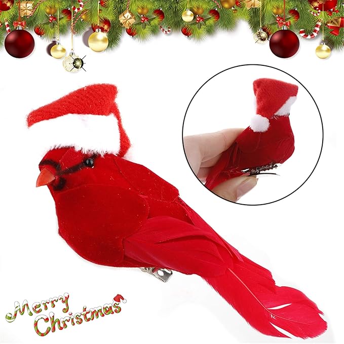 🐦🐦Christmas decoration red feather fake bird (with clip)