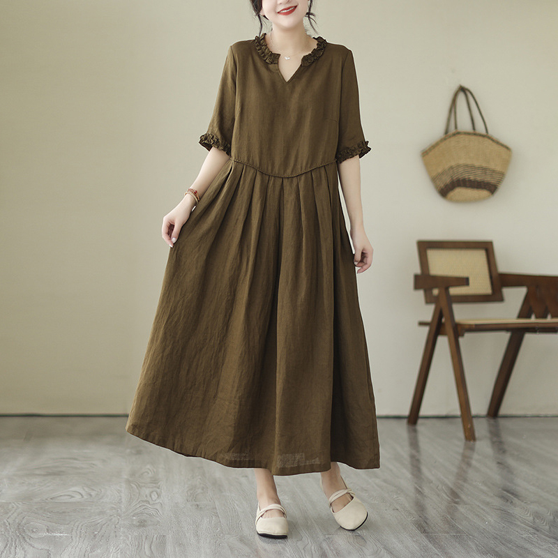 Vintage Cotton Numb Ear V Neck Midi Dress
