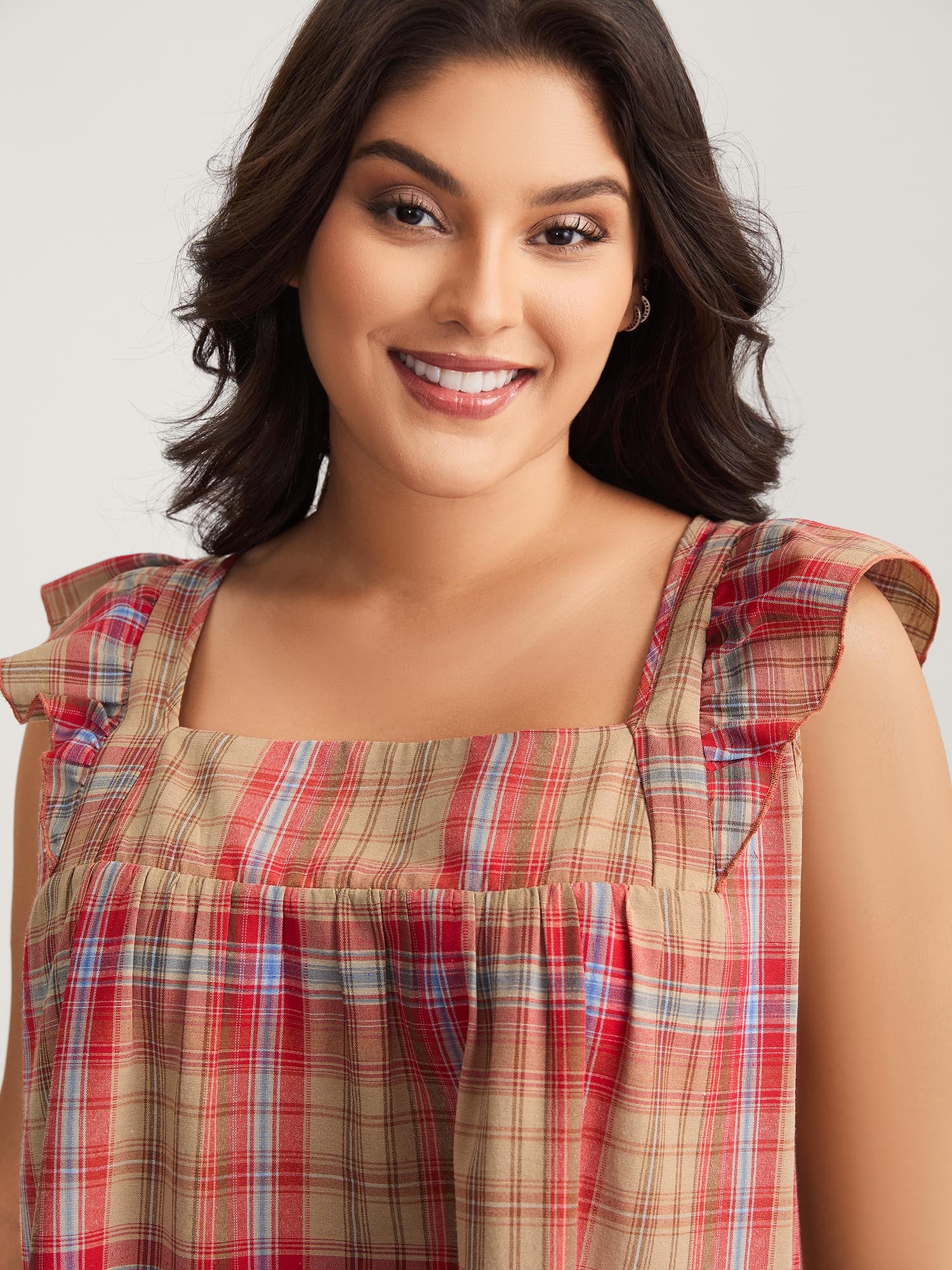 Plaid Print Flutter Sleeve Pleated Blouse