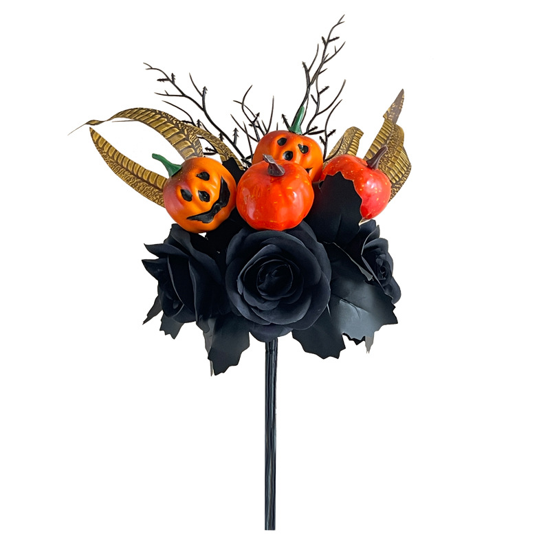 🏆Flash Sale⚡Artificial Fall Flowers-Halloween Pumpkin Bunch with Black Maple Leaves,Rose,Feathers- UV resistant, Waterproof, Windproof