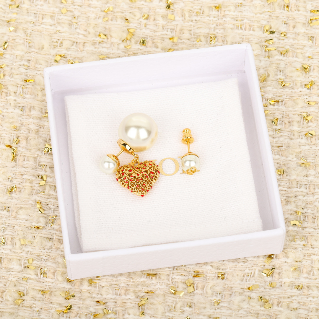 Dior Limited Edition Hollow Heart Pearl Earrings