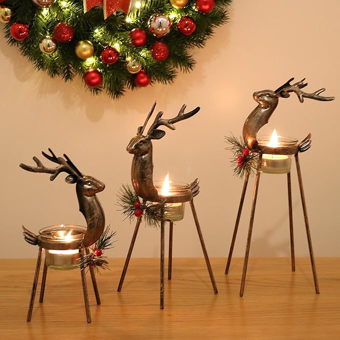 🌲🦌Christmas Metal Reindeer Tea Light Candle Holder (Set of 3PCS)