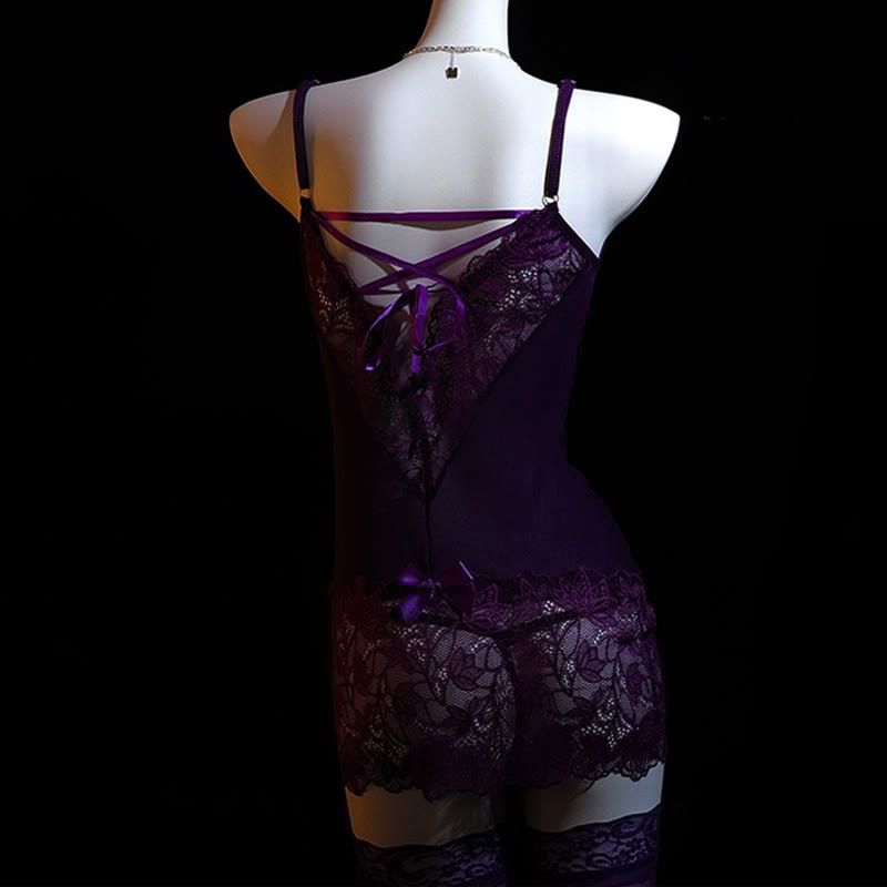 Lace Lace-up See-through Lingerie Dress With Stockings