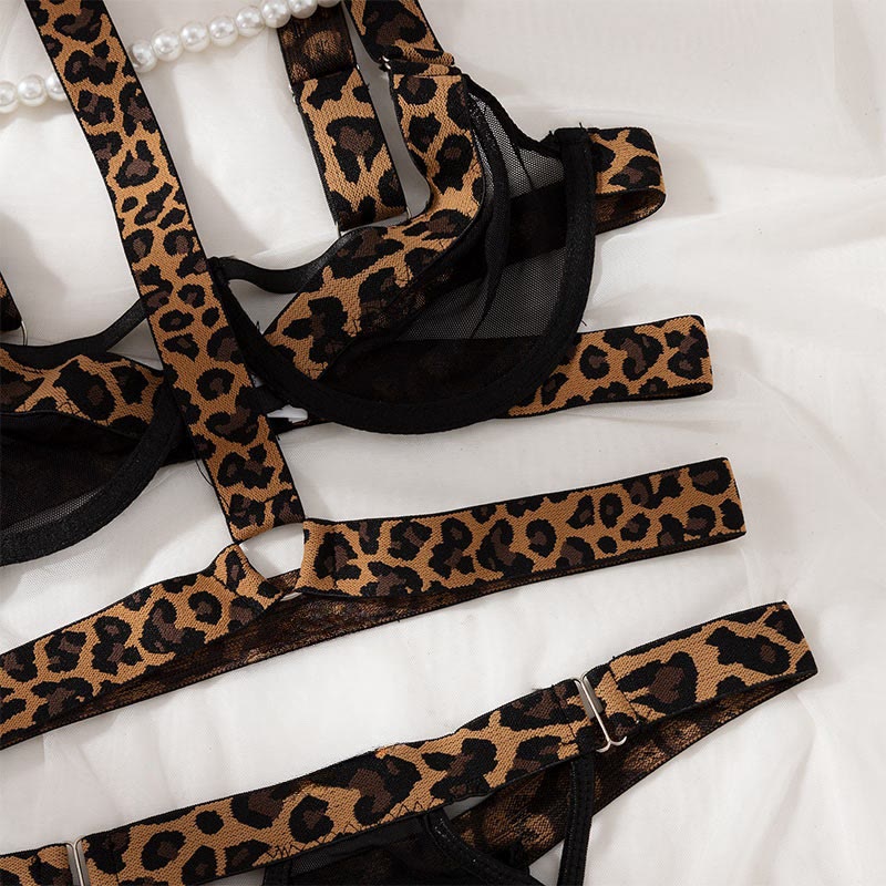 Leopard Print See-through Hollow Out Lingerie Set