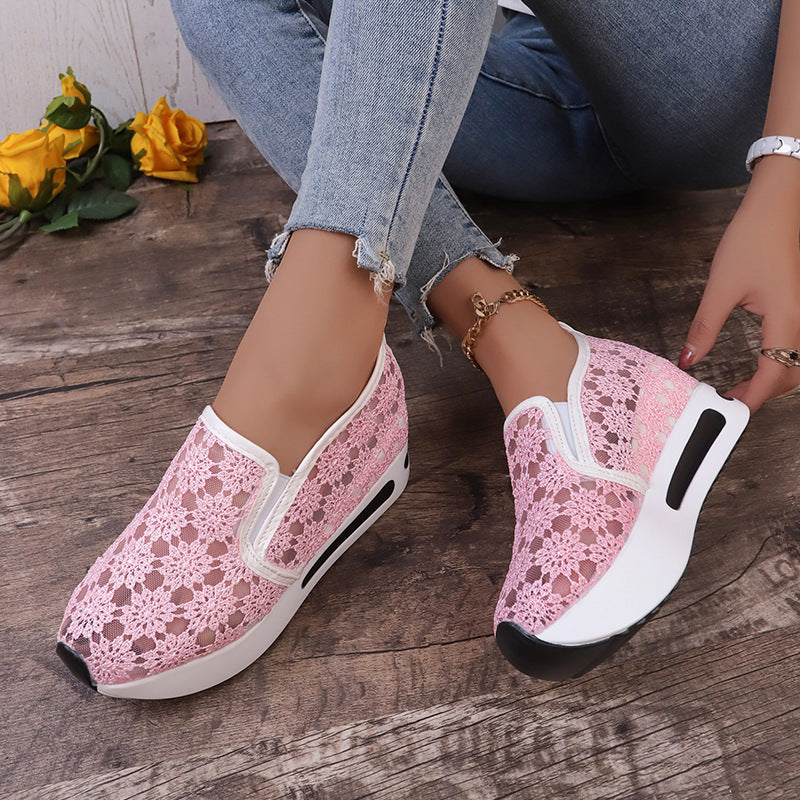 Women's Lace Mesh Flats with Inner Heightened Platform for Casual Comfort Shoes