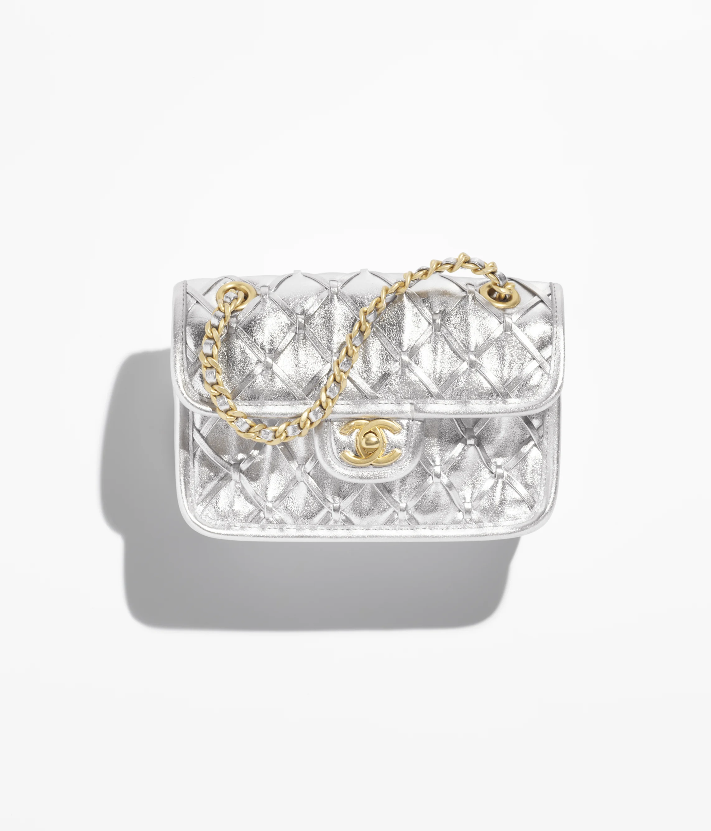 Chanel Mini Flap Bag Metallized Braided Calfskin & Gold-Tone Metal Silvery AS4797-B20071-NL673