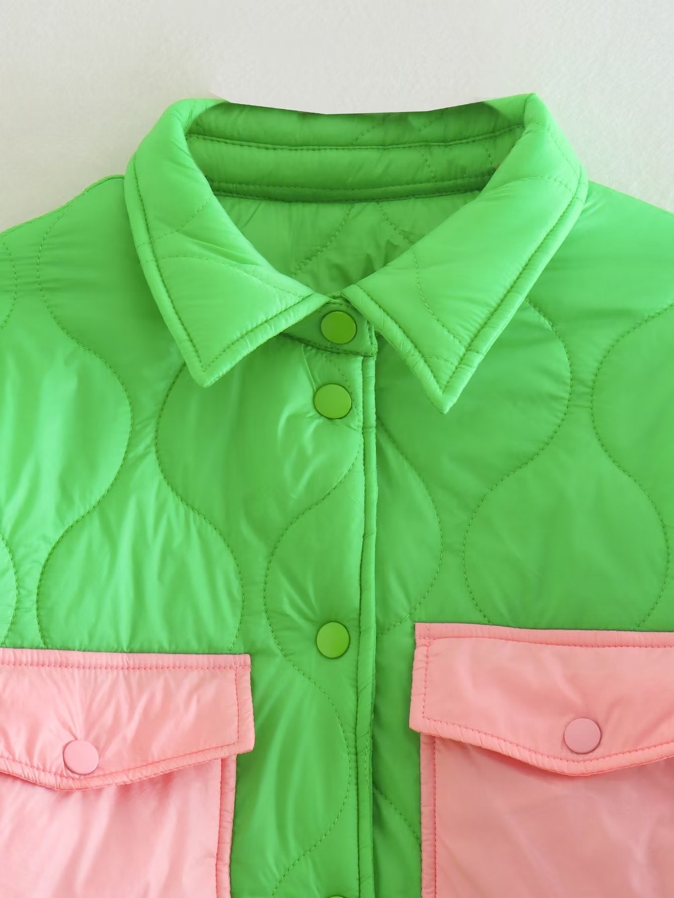 Autumn Women Loose Contrast Color Quilted Shirt Cotton Coat Jacket