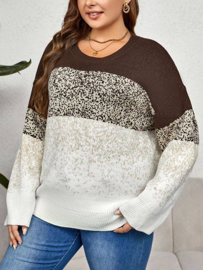 Plus Size Autumn Winter Color Matching Multi Color round Neck Clothing