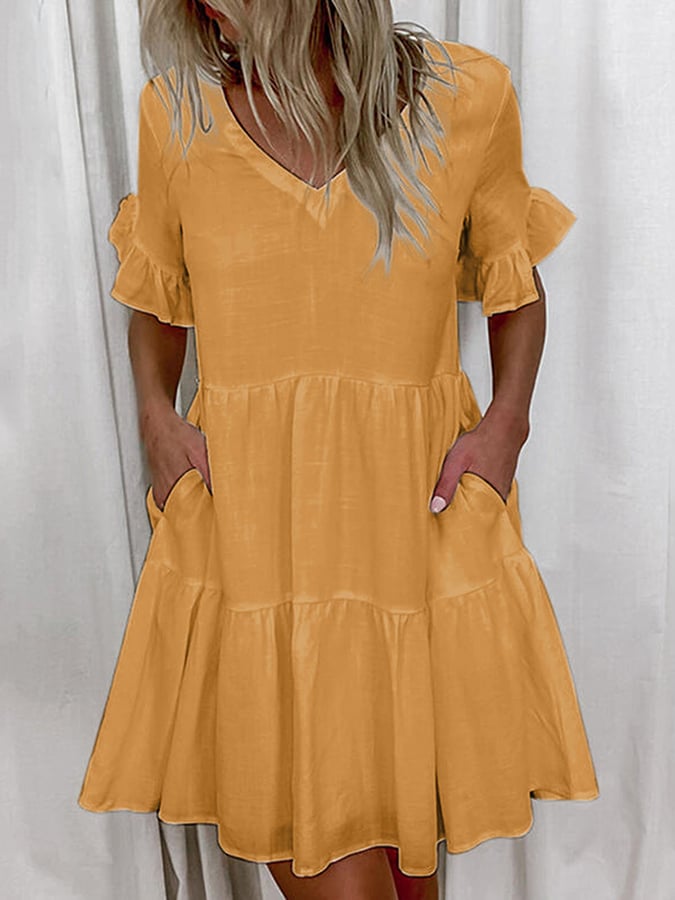 Women's Cotton Linen V-neck Solid Color Pocket Dress