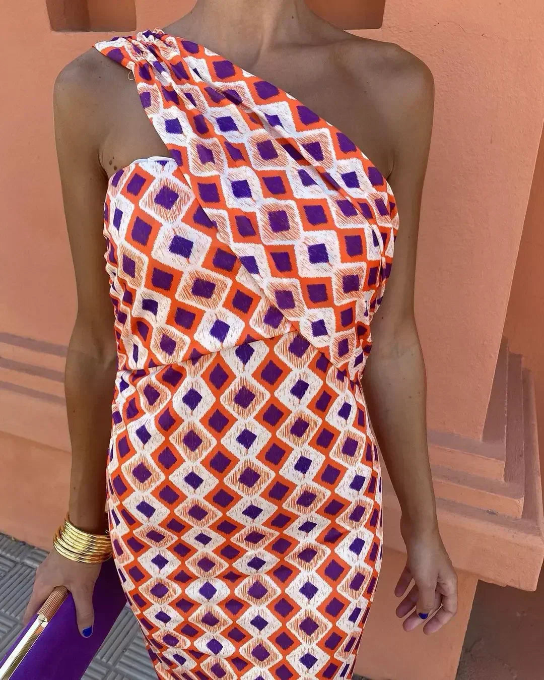 Colorful Asymmetric Neckline Dress