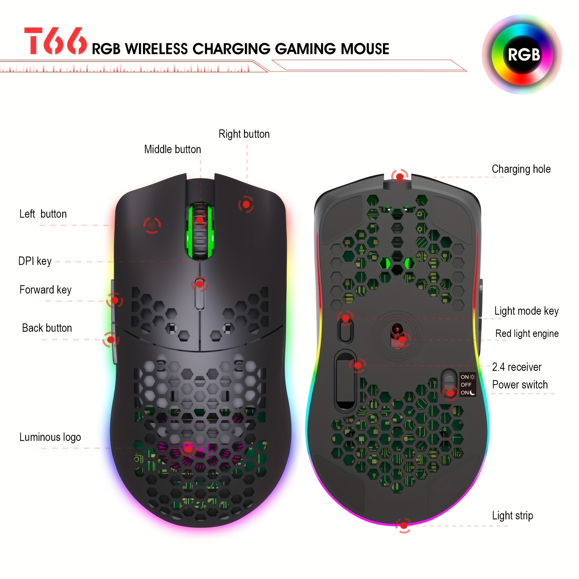 RGB Wireless Gaming Mouse,Ultra-Lightweight Honeycomb Shell Mice With 2.4G Wireless Rechargeable,RGB Spectrum Backlit,7 Buttons,3200DPI,Ergonomic Long Battery Life For PC,PS4 Gamers