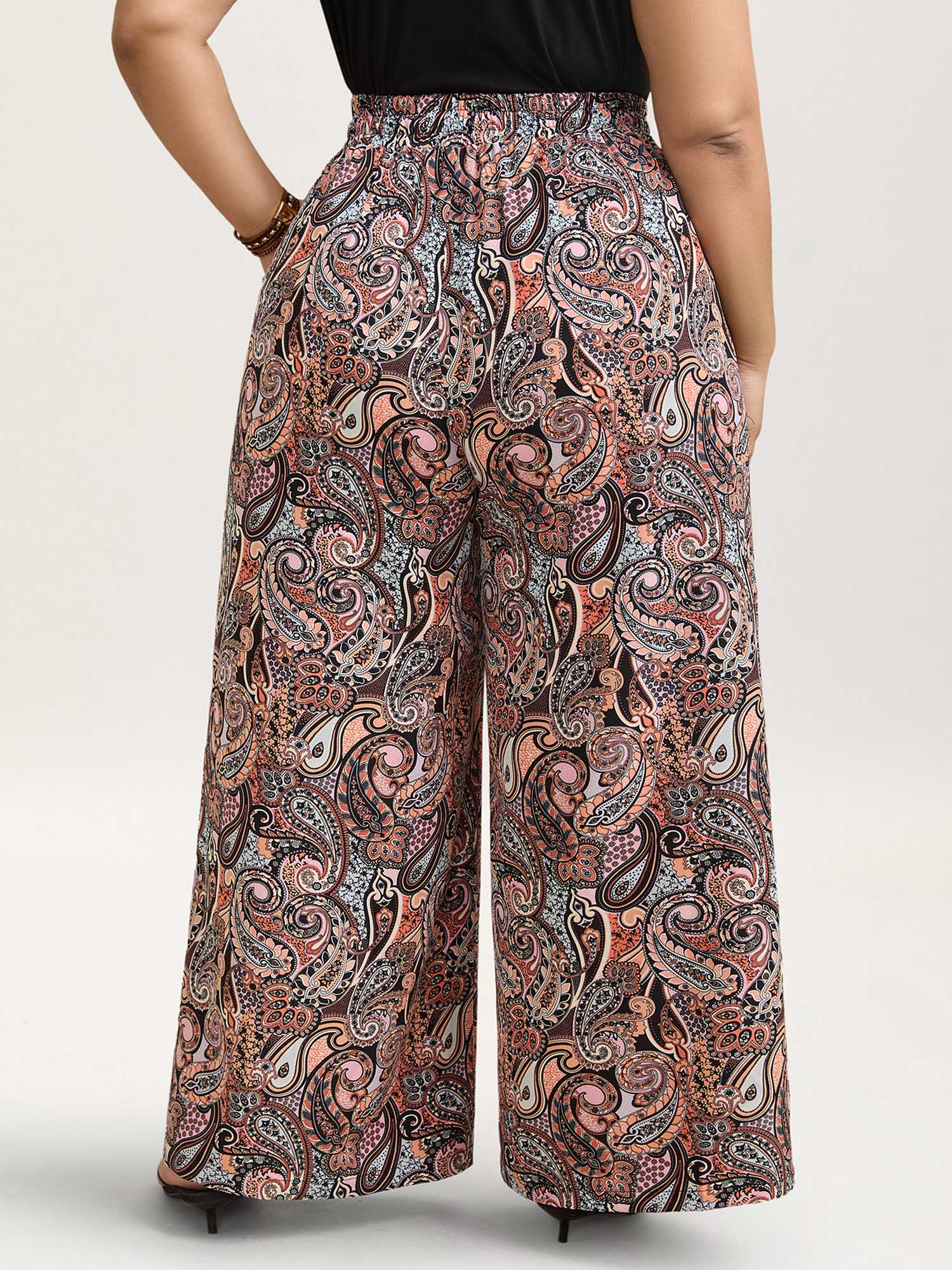 Paisley Print Drawstring Wide-Leg Pants