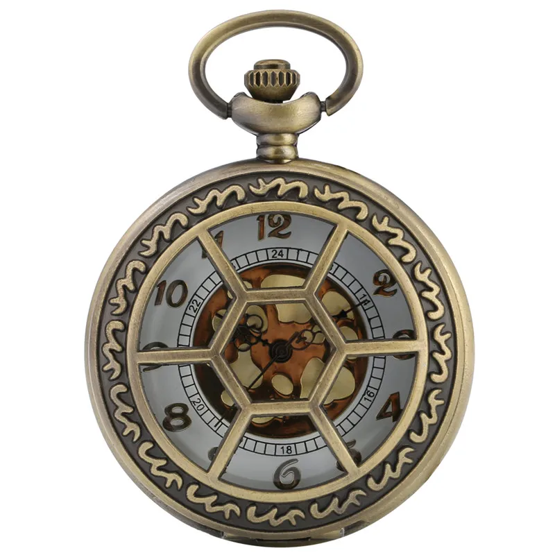 Antique Pocket Watch Half Hunter Retro Hollow Hexagon Grilles Men Women Quartz Analog Clock Sweater Chain Arabic Number Clock