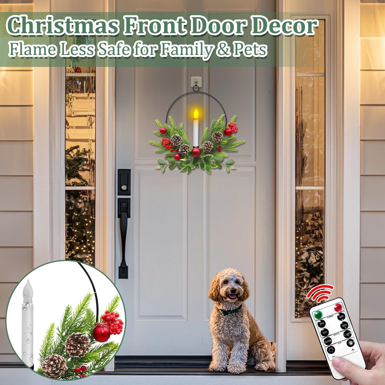 🎄CHRISTMAS ON SALE🎄Christmas Front Door & Window Wreaths with LED Candles & Timer Remote