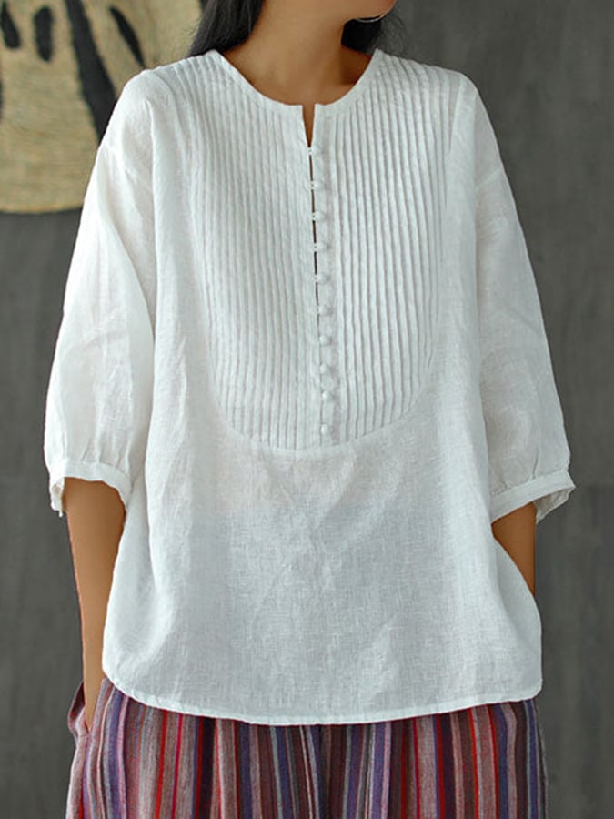 Women's Pleated Round Neck Casual Cotton And Linen Shirt