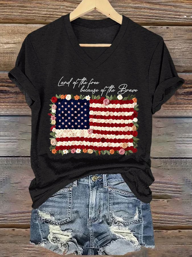 V-Neck Retro Independence Day Land Of The Free Because Of The Brave Print T-Shirt