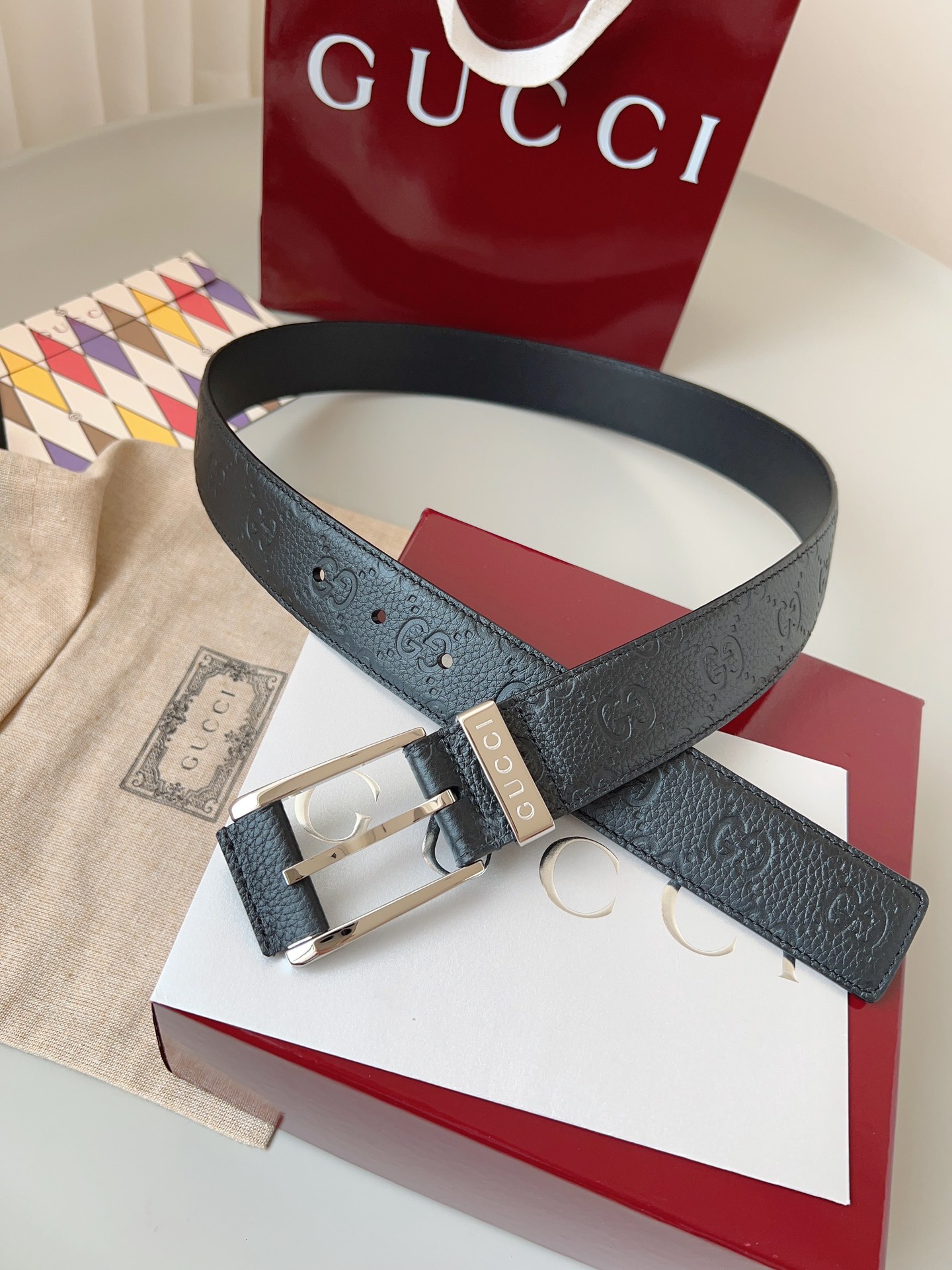 Gucci pin buckle printed leather belt 3.5cm wide