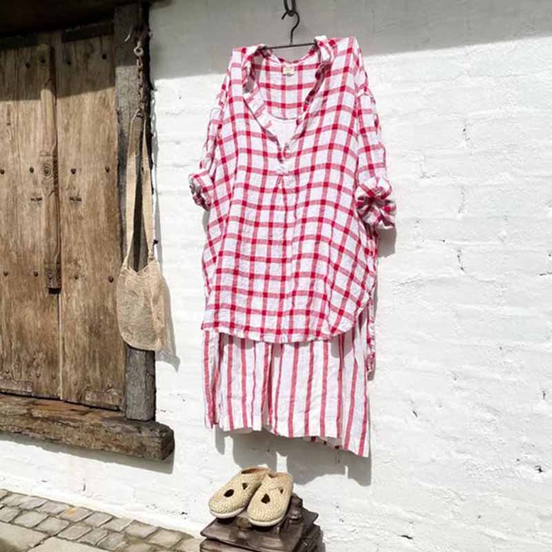 Loose Cotton Linen Plaid Shirt