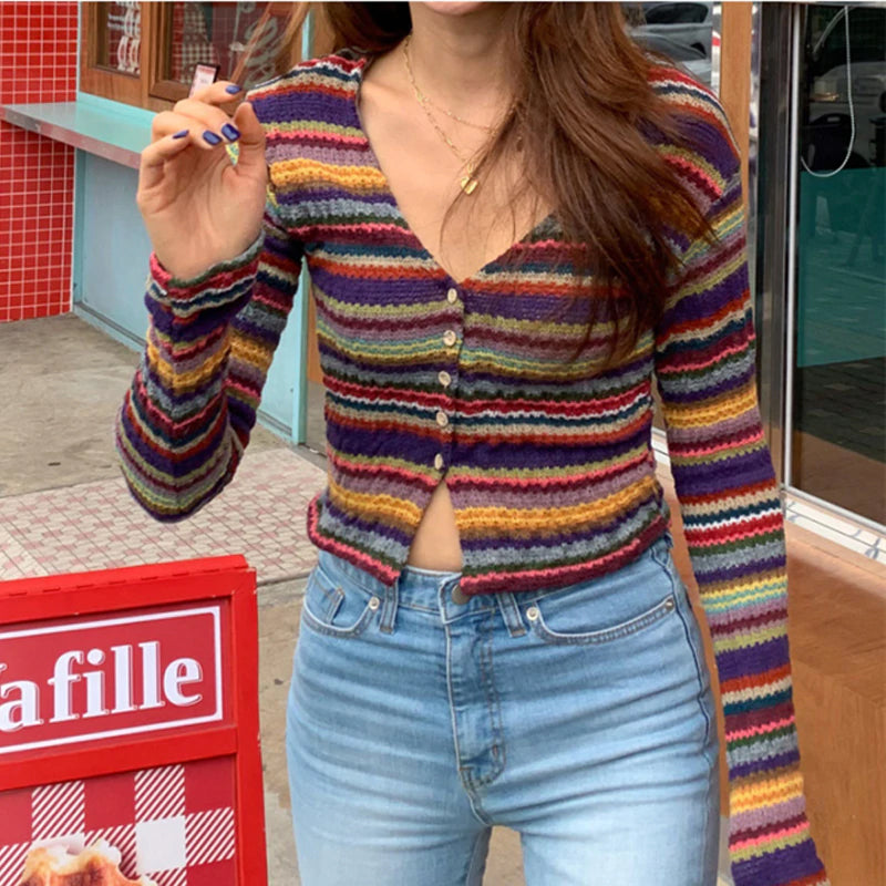 V-Neck Striped Slim Knitted Cardigan