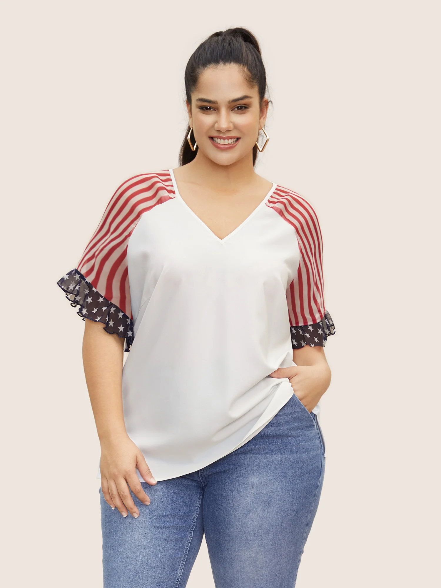 Star & Striped Ruffles Raglan Sleeve Blouse