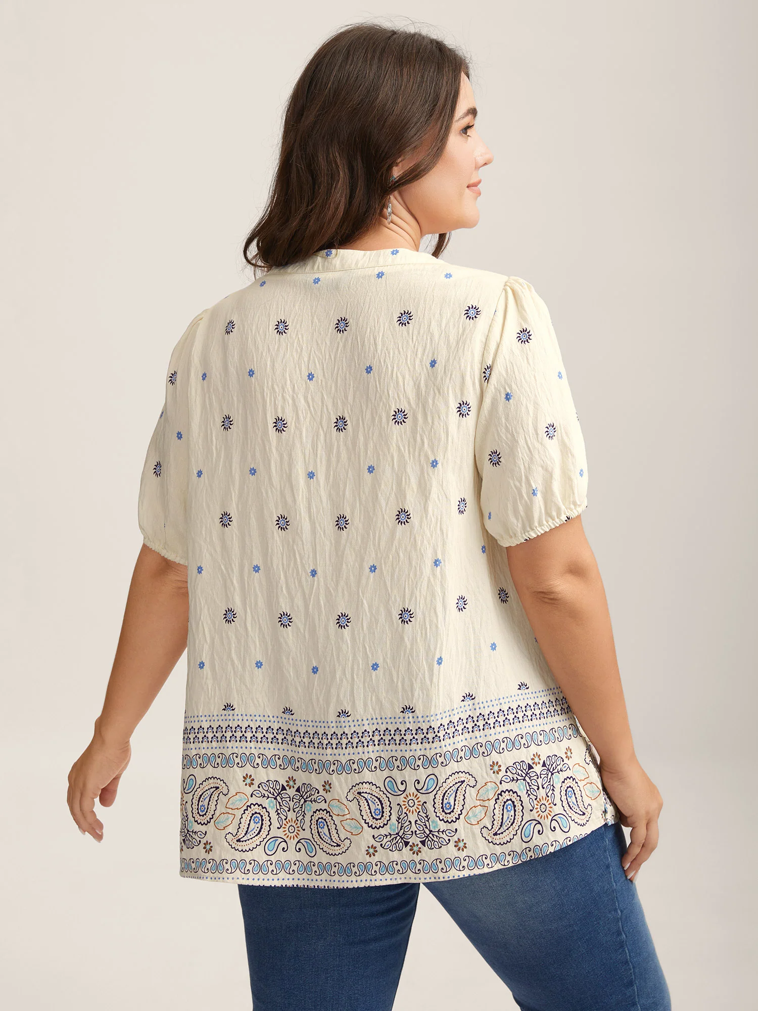 Boho Print Notched Collar Blouse