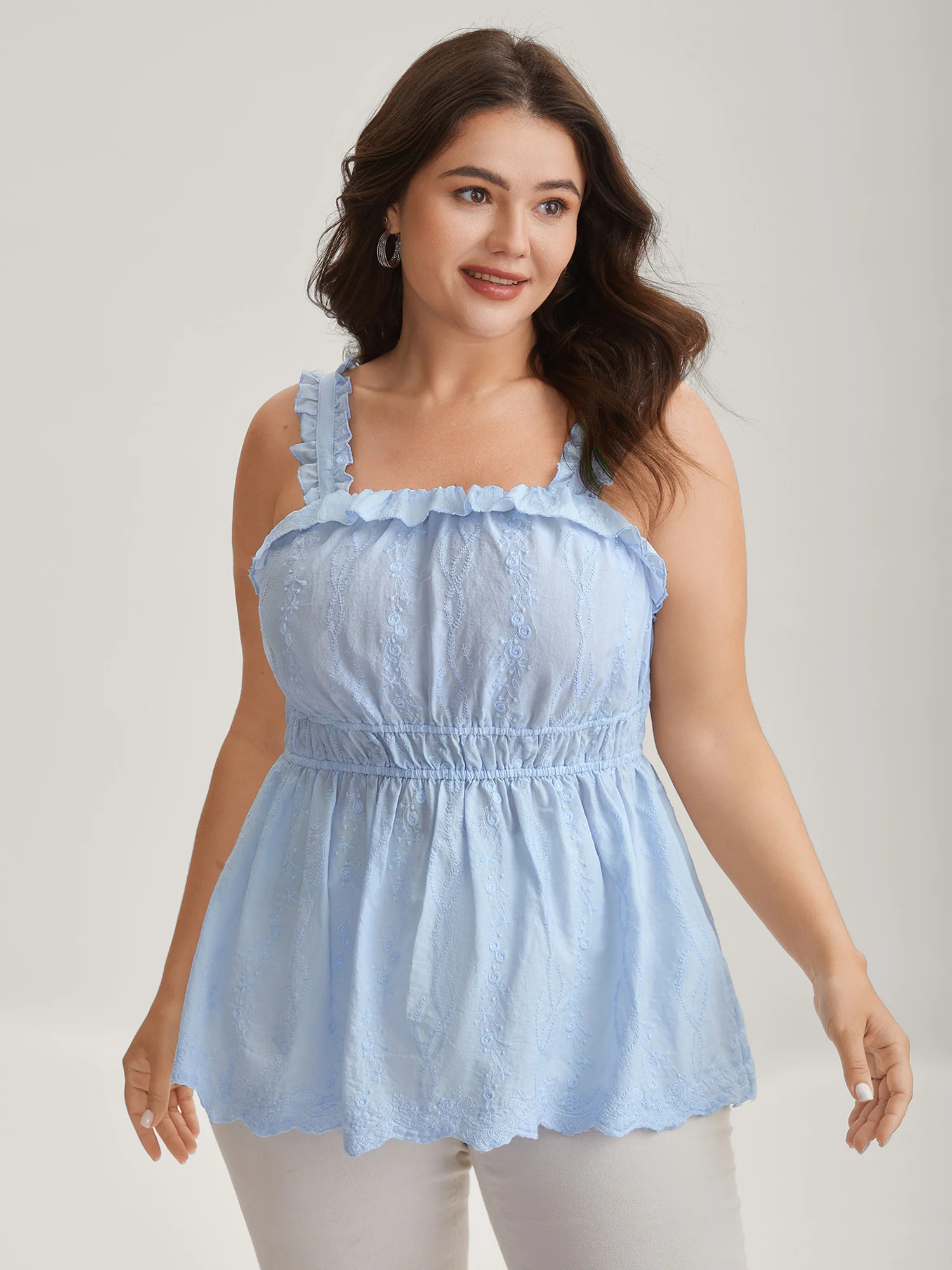 Cotton Floral Textured Ruffled Tank Top