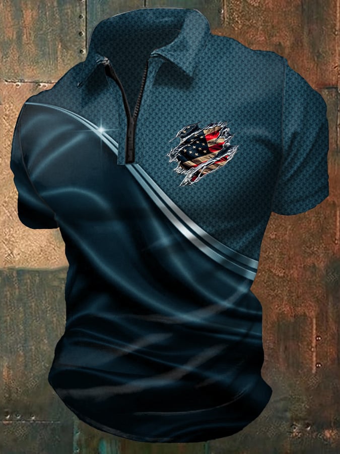 Men's Casual Independence Day Flag Print Polo Shirt