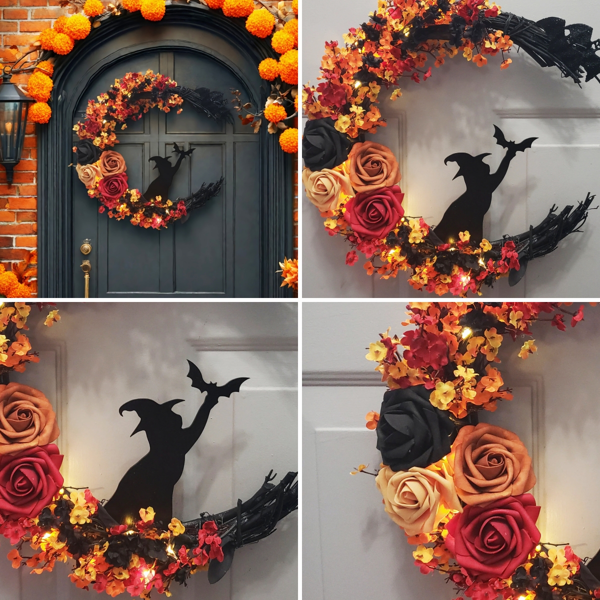 💥ON SALE💥-🌙 Witch Cat Moon Wreath  with Autumn Leaves & Roses 🐈‍⬛🍂🌹