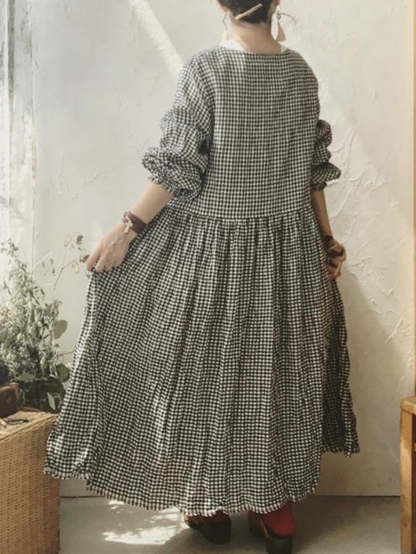 Vintage Checkered Long Sleeve Cotton Linen Midi Dresses