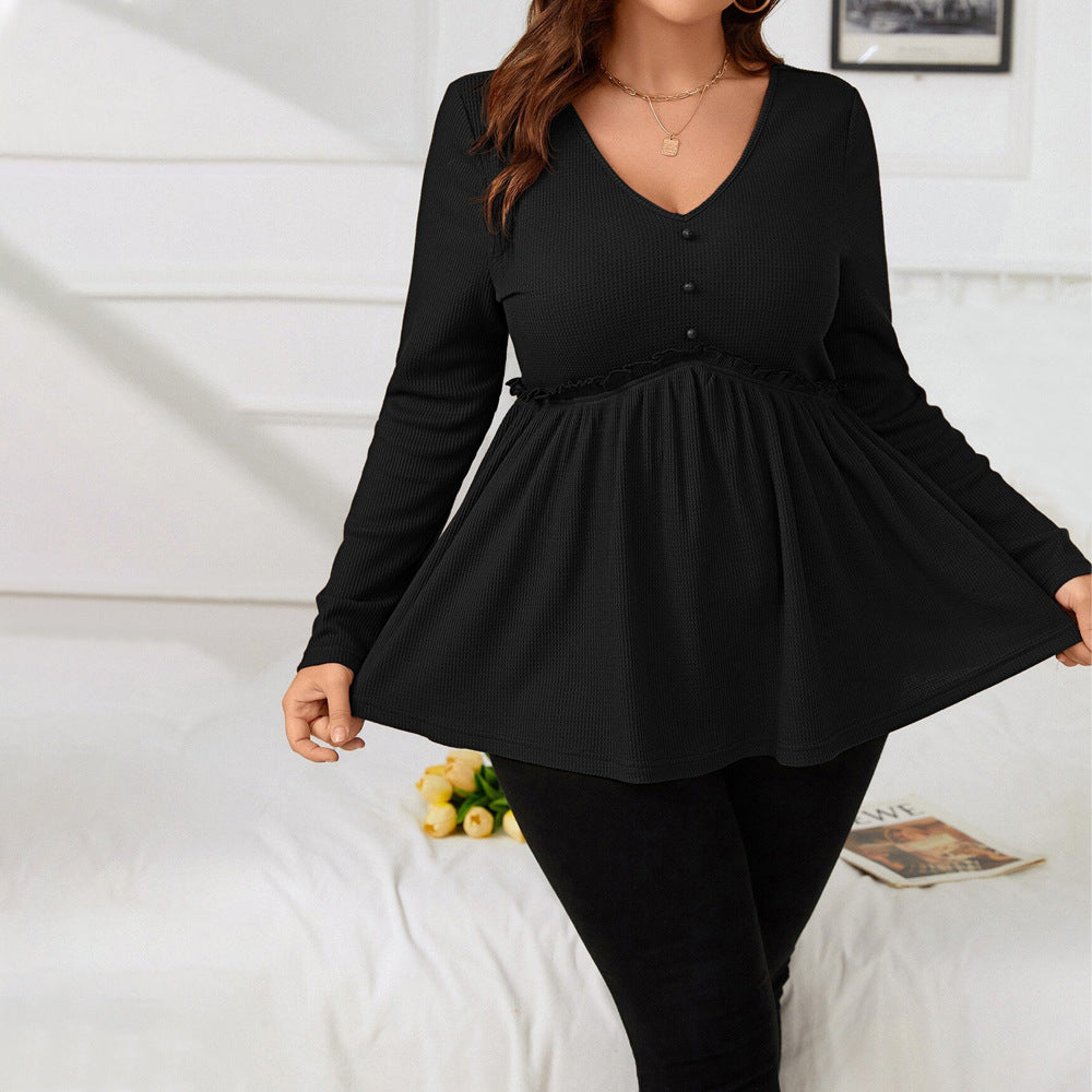 Plus Size Women V neck Long Sleeved T shirt Autumn Winter Elegant Fashionable All Match Slim Top for Women