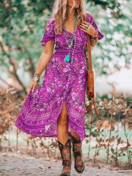 Short Sleeve Bohemian Beach Slit Elastic Skirt