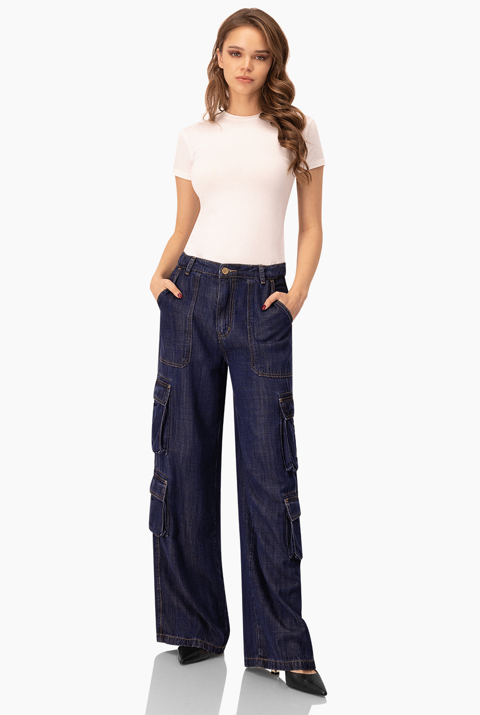 Jeans cargo mezclilla de pierna amplia