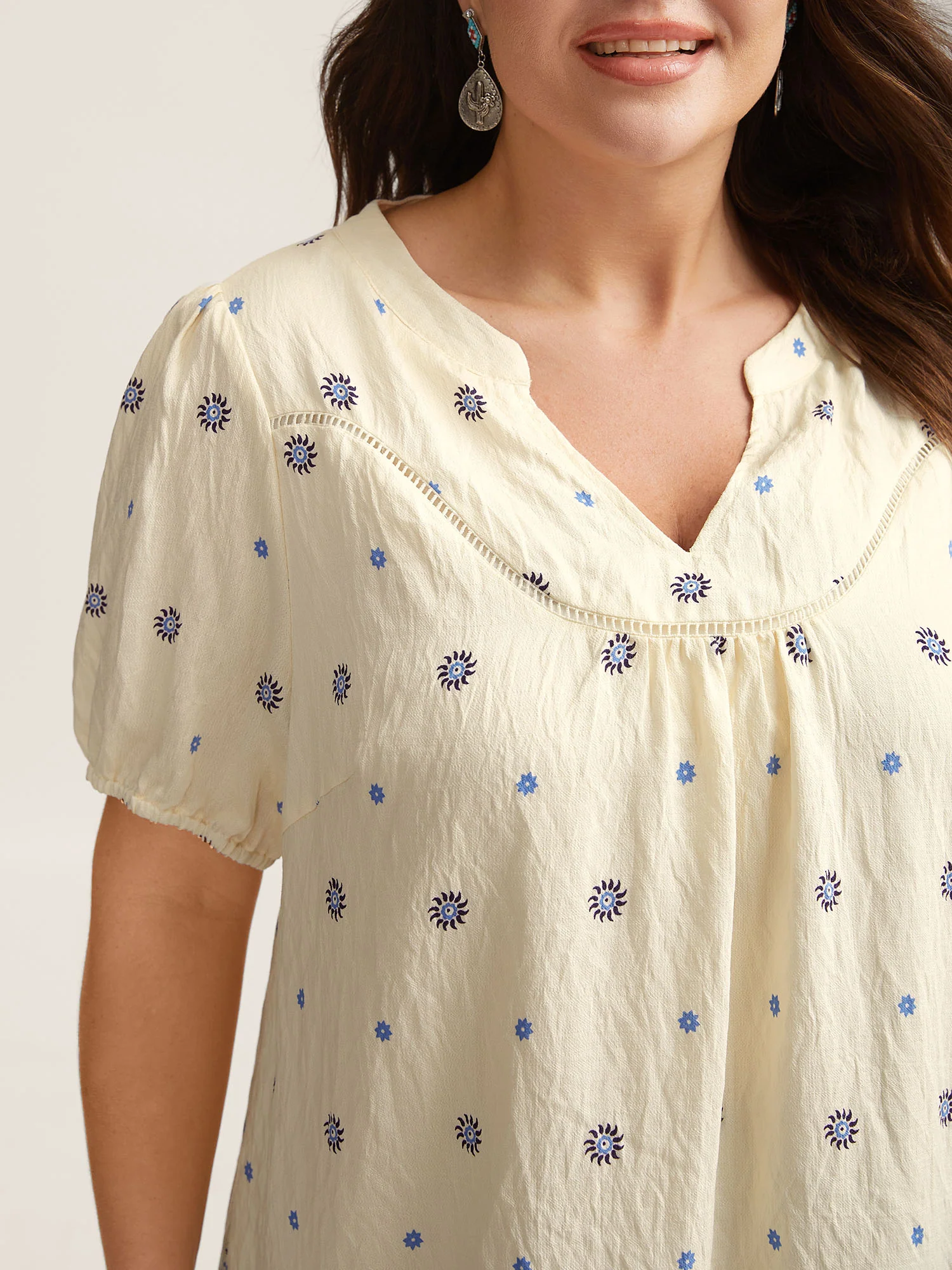 Boho Print Notched Collar Blouse