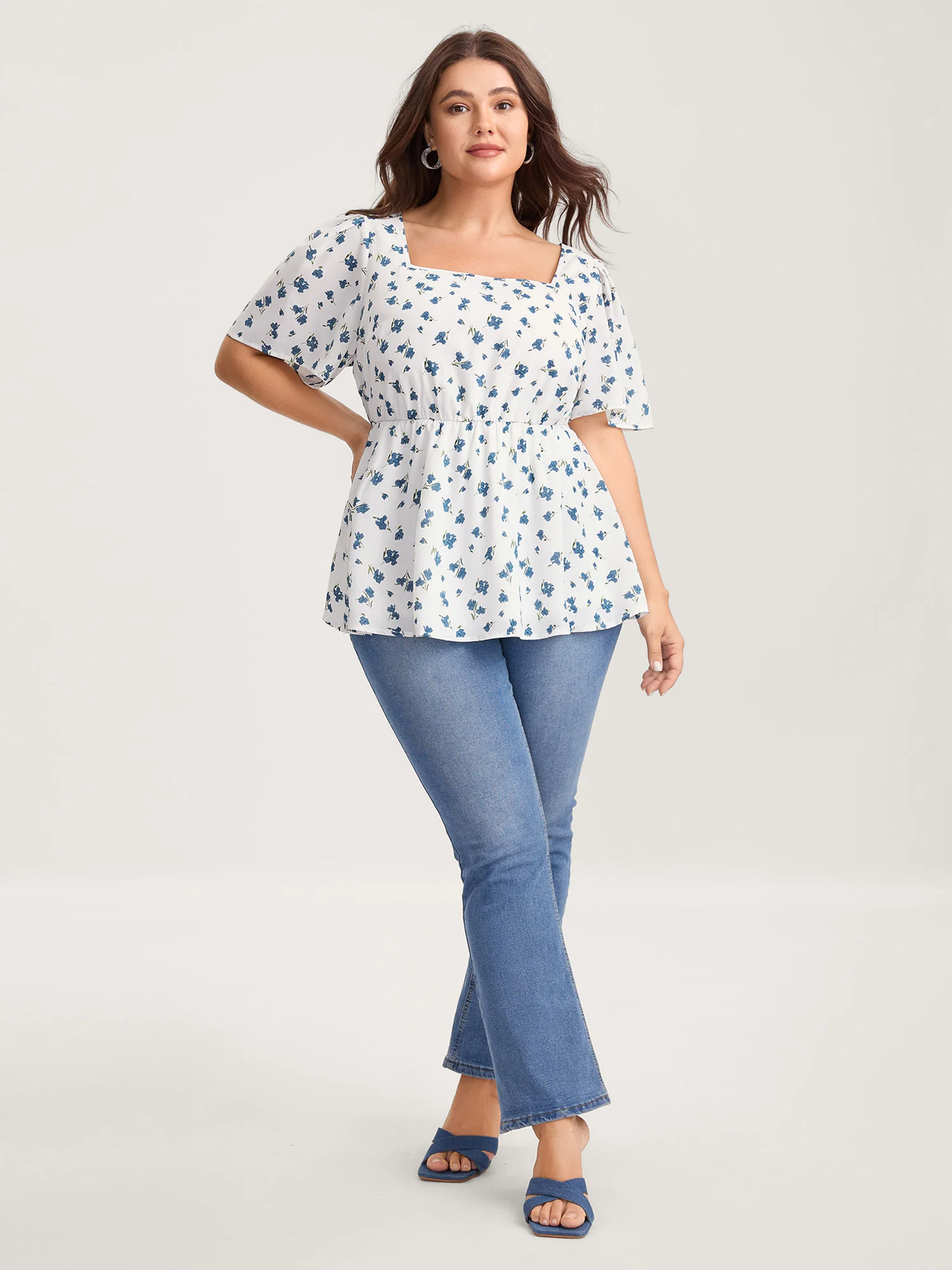 Delicate Floral Print Lotus Sleeve Blouse