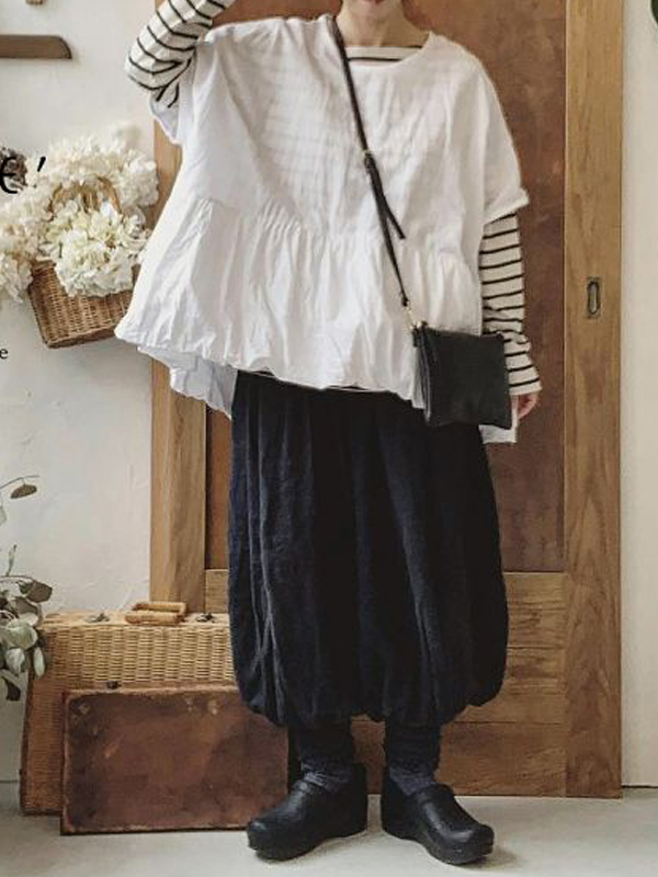 Loose Round Neck Short Sleeve Gathered Paneled Cotton And Linen Shirt