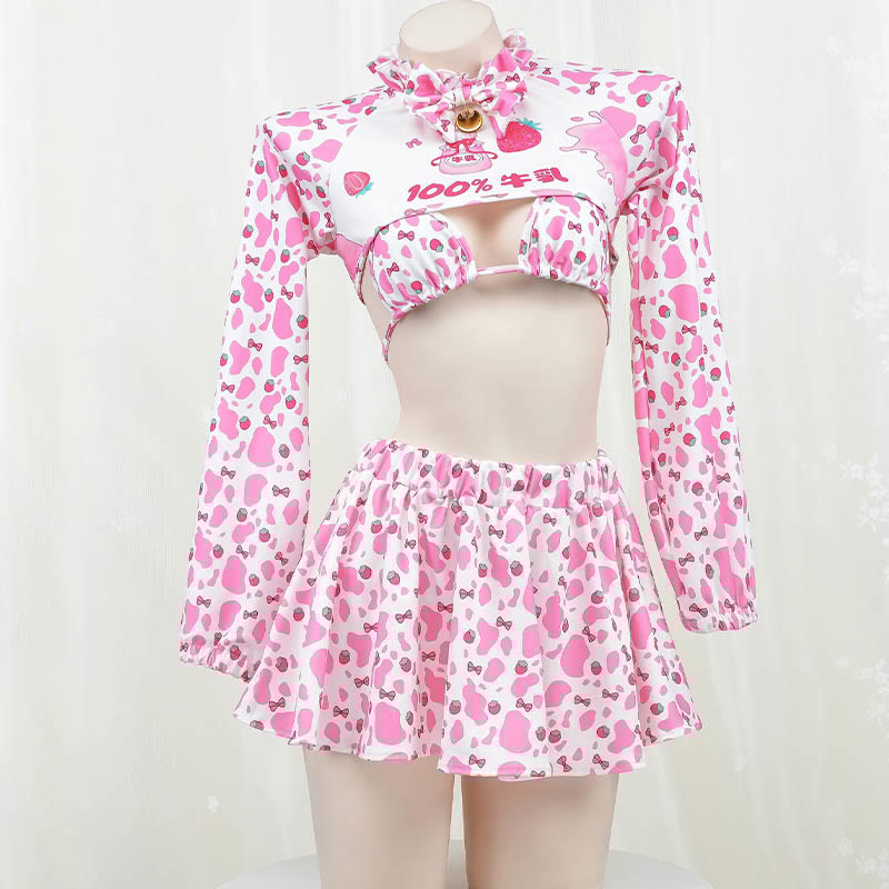 Cosplay Cow Strawberry Letter Print Bikini Uniform Lingerie Set