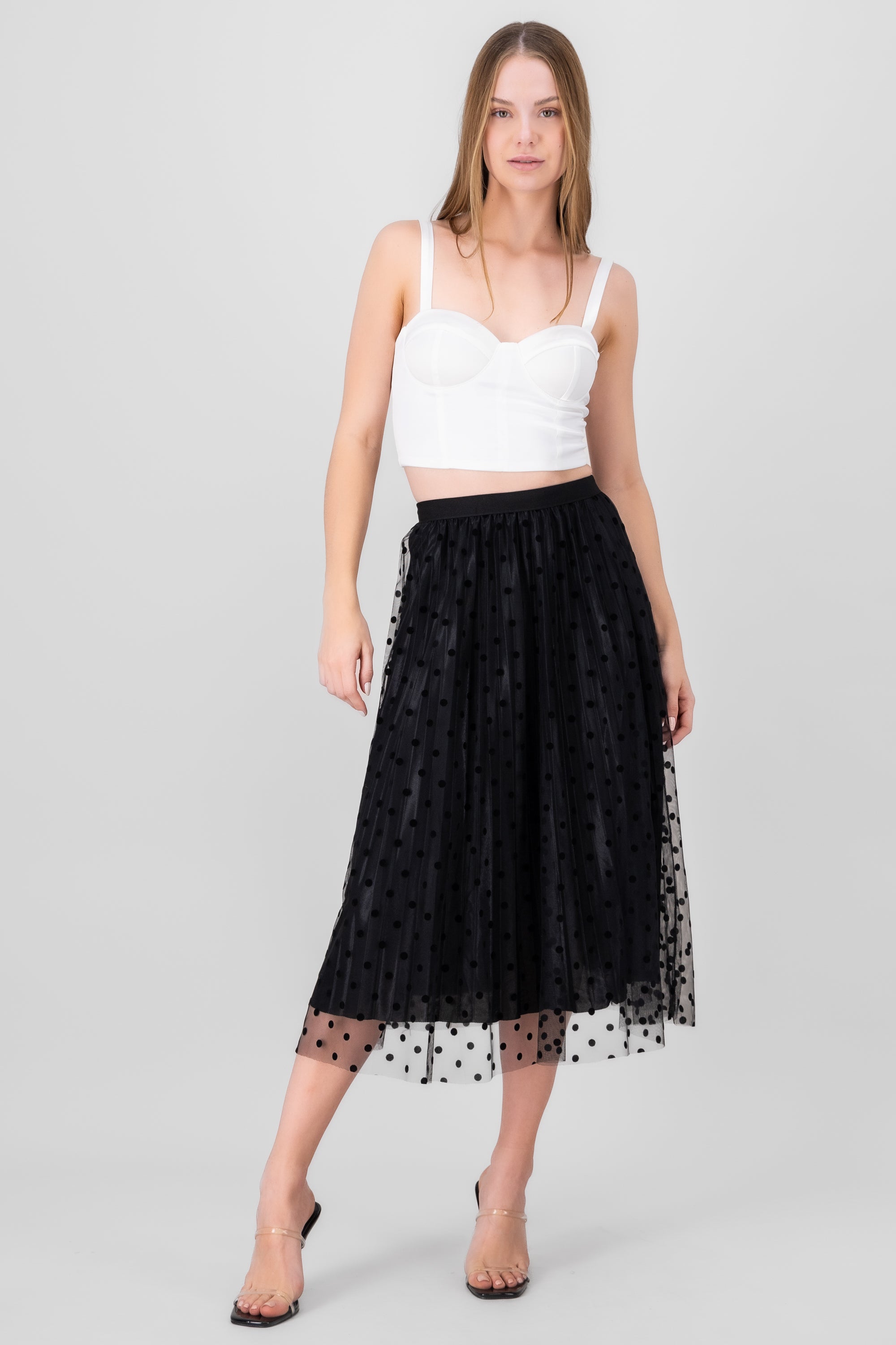 Flocked Polka Dots Midi Skirt