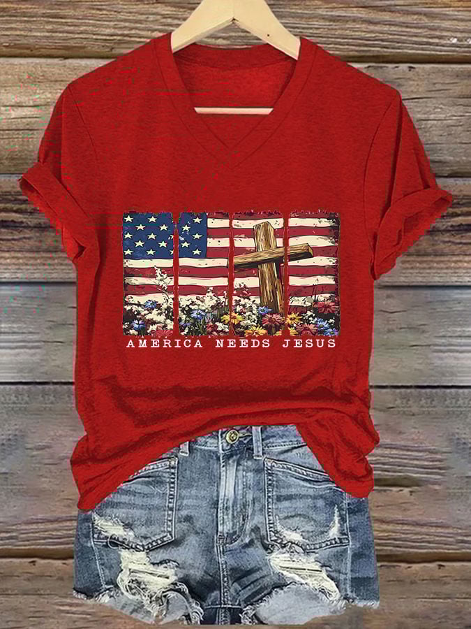 Women's America Needs Jesus Print V-Neck T-Shirt