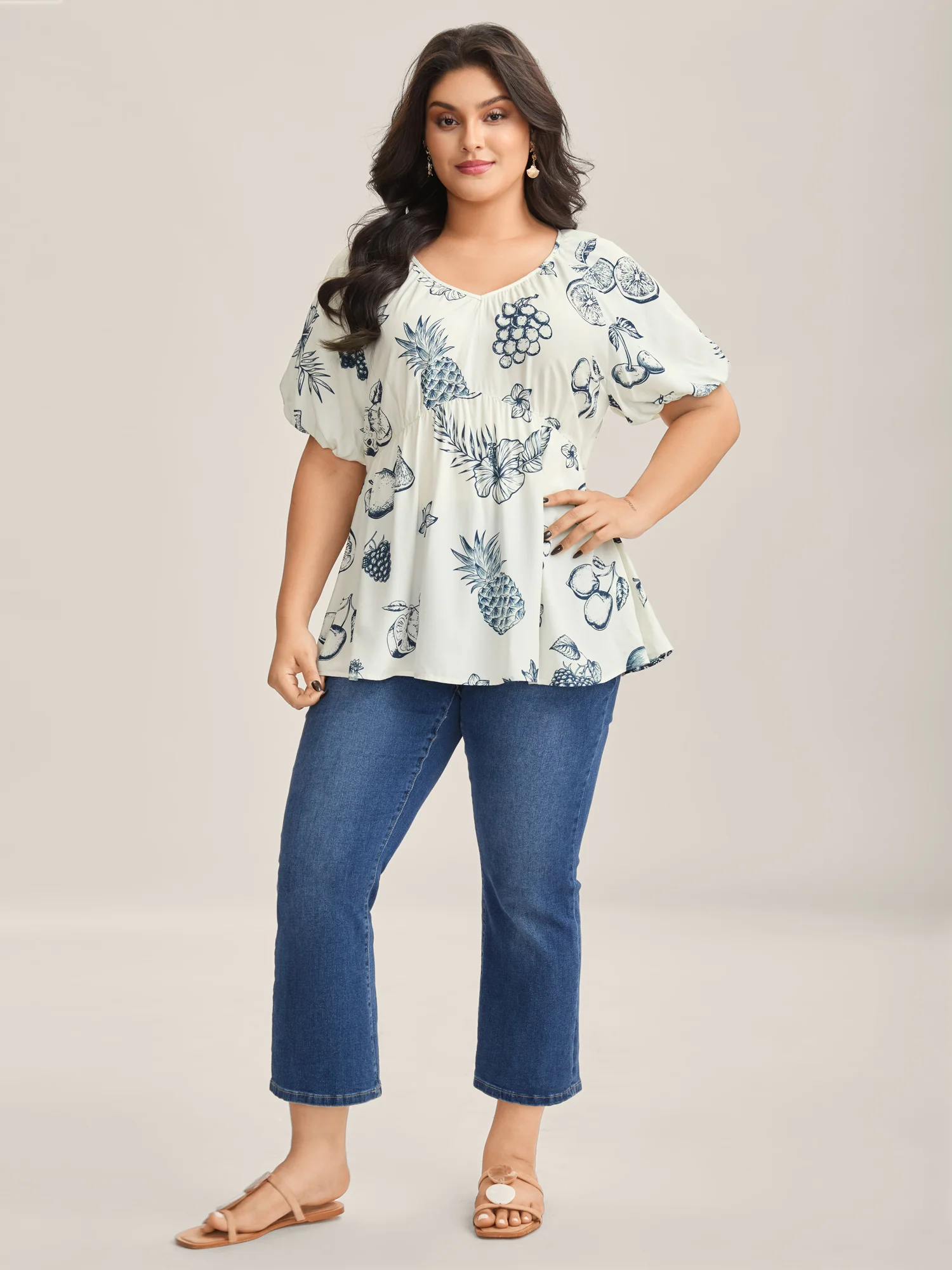 Fruity Print Bud Sleeve V-Neck Blouse