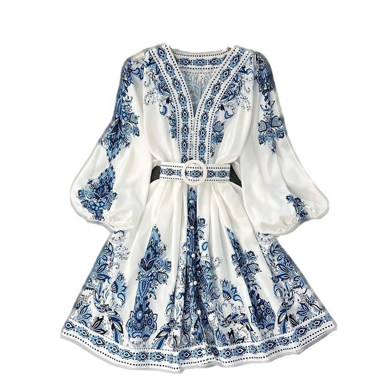 Fall 2024 cross-border ladies fashion V-neck long-sleeved bohemian print dress