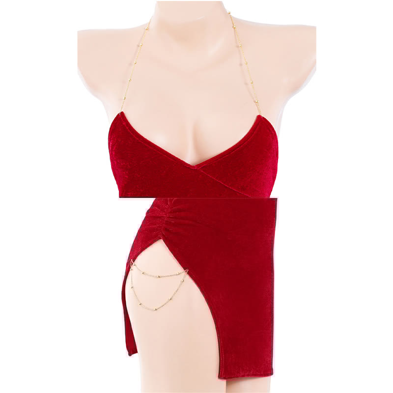 Backless Lace-up Slit Lingerie Dress Set
