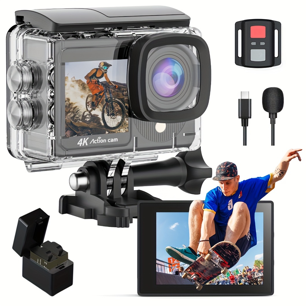 Yolansin 4K Action Camera Touch Screen - Dual Screen Ultra HD EIS WiFi Sports Camera, 1574.8inchUnderwater Camera 170° Wide Angle Video Camera 20MP Waterproof Helmet Camera With Remote Control And 2 Batteries