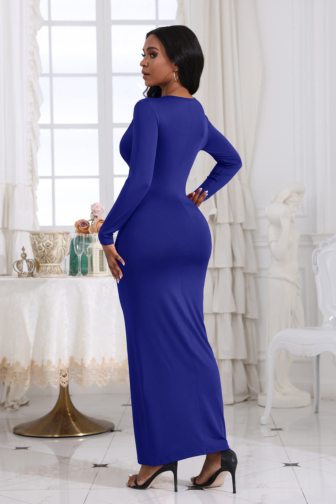 Blue Fashionable sexy v-neck slim pleats solid color long sleeves dress