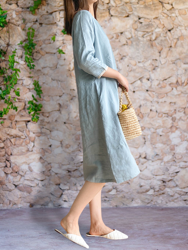 Contrast Collar Comfy Linen Midi Dress
