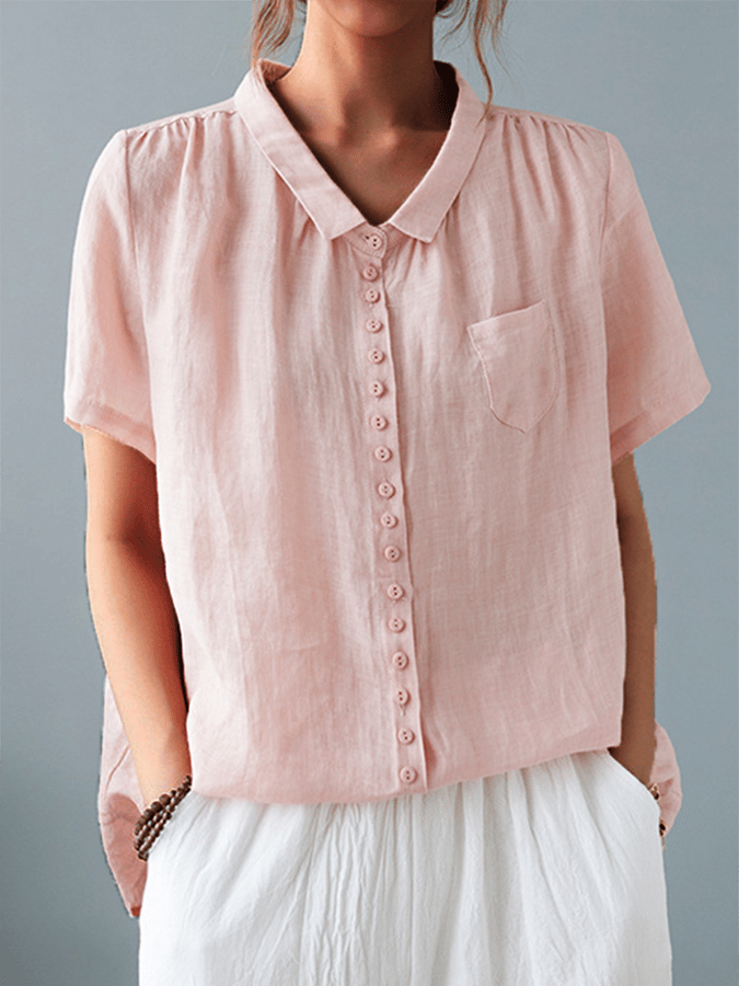 Ladies Casual Cotton And Linen Shirt With Lapel Button Design