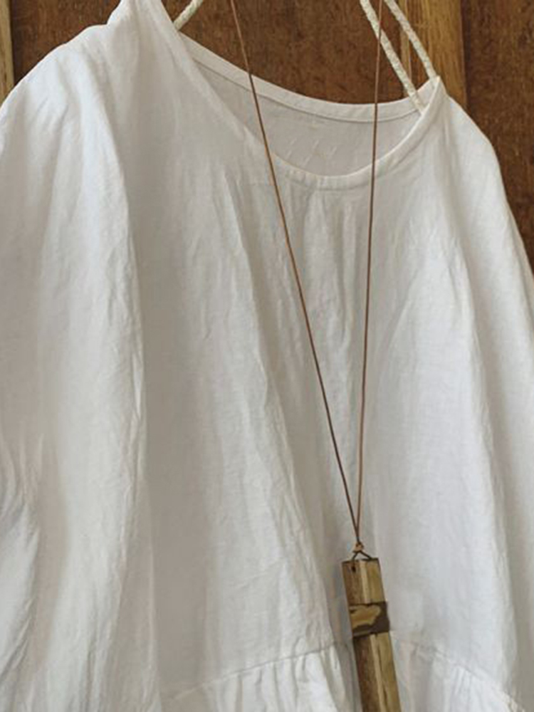 Loose Round Neck Short Sleeve Gathered Paneled Cotton And Linen Shirt
