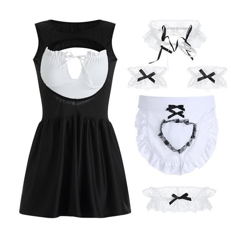 Hollow Out Sleeveless Slit Dress Lingerie Stockings Set