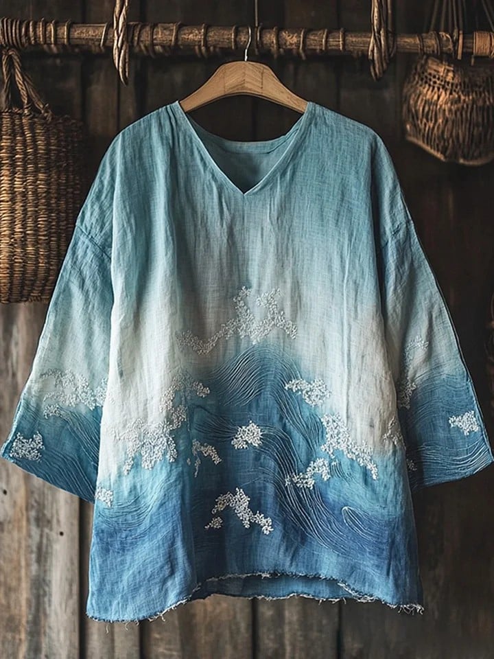 Women's Waves Japanese Art Linen Blend Cozy Tunic Top