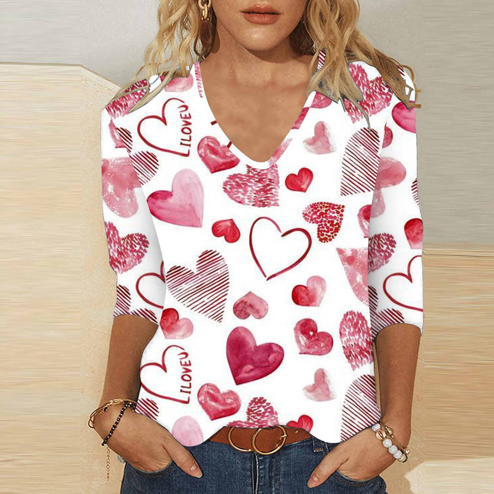 3d Digital Printing Valentine's Day Heart Printing Women's Cute Casual Loose V-neck 34 Sleeves T-shirt