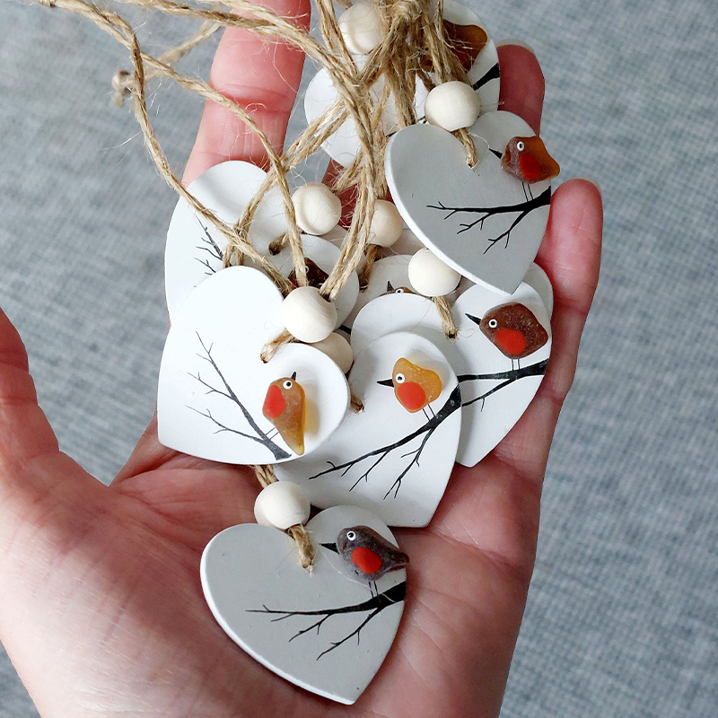 Sea Glass Robin Heart Decoration